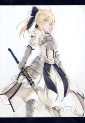 Rule 34 | 1girl, :o, absurdres, ahoge, armor, armored boots, armored dress, artoria pendragon (all), artoria pendragon (fate), black bow, blonde hair, blush, boots, bow, breastplate, caliburn (fate), dress, fate/unlimited codes, fate (series), gauntlets, green eyes, hair between eyes, hair bow, highres, holding, holding sword, holding weapon, long hair, nagishiro mito, parted lips, ponytail, saber lily, scan, sidelocks, solo, standing, sword, weapon, white dress