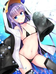 Rule 34 | 1girl, air bubble, animal hood, ari (ariburo), armor, bare shoulders, bikini, black bikini, black jacket, blue eyes, blue ribbon, blush, breasts, bubble, choker, closed mouth, collarbone, fate/grand order, fate (series), greaves, hair between eyes, highres, hood, jacket, licking lips, long hair, long sleeves, looking at viewer, meltryllis, meltryllis (fate), meltryllis (swimsuit lancer) (fate), meltryllis (swimsuit lancer) (first ascension) (fate), navel, penguin hood, purple hair, ribbon, sleeves past fingers, sleeves past wrists, small breasts, smile, solo, swimming, swimsuit, thighs, tongue, tongue out, underwater, very long hair