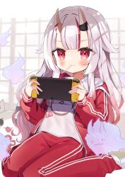 Rule 34 | 1girl, blush, gradient hair, handheld game console, highres, holding, holding handheld game console, hololive, horns, jacket, long hair, looking at viewer, multicolored hair, nakiri ayame, nakiri ayame (off-work), nintendo switch, noi mine, official alternate costume, oni, open clothes, open jacket, pants, red eyes, red hair, red jacket, red pants, shirt, skin-covered horns, smile, solo, track jacket, virtual youtuber, white shirt