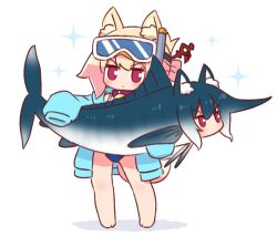 Rule 34 | 2girls, animal, animal ear fluff, animal ears, animalization, barefoot, bell, blonde hair, blue jacket, blue one-piece swimsuit, blush, chibi, closed mouth, collar, diving mask, diving mask on head, fish, fox ears, fox girl, fox tail, full body, goggles, goggles on head, hair between eyes, hair ornament, highres, holding, holding animal, hood, hood down, hooded jacket, jacket, jingle bell, kemomimi-chan (naga u), long sleeves, looking at viewer, marlin (fish), multiple girls, naga u, neck bell, one-piece swimsuit, open clothes, open jacket, original, puffy long sleeves, puffy sleeves, purple collar, purple eyes, shadow, simple background, sleeves past fingers, sleeves past wrists, sparkle, standing, swimsuit, tail, v-shaped eyebrows, white background