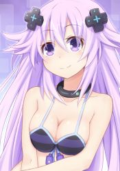 Rule 34 | 10s, 1girl, adult neptune, alternate costume, bikini, blush, breasts, cleavage, closed mouth, collarbone, d-pad, doria (p f dolia), female focus, flower, front-tie bikini top, front-tie top, gradient background, hair between eyes, hair ornament, long hair, looking at viewer, medium breasts, neptune (neptunia), neptune (series), purple eyes, purple hair, shin jigen game neptune vii, side-tie bikini bottom, smile, solo, stomach, swimsuit, thigh gap, upper body, v arms