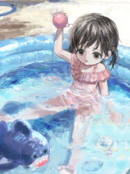 Rule 34 | 1girl, absurdres, afloat, arikomen, arm up, ball, bare legs, bare shoulders, barefoot, black hair, brown eyes, day, highres, holding, holding ball, hose, one-piece swimsuit, open mouth, original, outdoors, partially submerged, pink one-piece swimsuit, polka dot one-piece swimsuit, short twintails, solo, swimsuit, twintails, wading pool, water