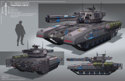 Rule 34 | character name, commentary, commission, english commentary, english text, highres, magnetic weapon, military, military vehicle, motor vehicle, multiple views, no humans, original, peyton gee, railgun, science fiction, silhouette, size comparison, tank, vehicle focus