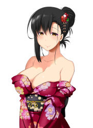 Rule 34 | 1girl, bare shoulders, black hair, breasts, brown eyes, cleavage, commentary request, hair bun, hair ornament, japanese clothes, kimono, large breasts, mole, mole under eye, obi, off shoulder, original, pony r, red kimono, sash, smile, solo, upper body
