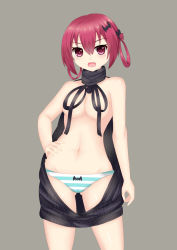 Rule 34 | 10s, 1girl, absurdres, bat hair ornament, blush, breasts, fang, gabriel dropout, hair ornament, highres, looking at viewer, meme attire, navel, open mouth, panties, red eyes, red hair, satanichia kurumizawa mcdowell, solo, standing, striped clothes, striped panties, sweater, underwear, virgin killer sweater
