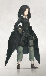 Rule 34 | 1girl, artist name, asterisk kome, belt, black hair, black jumpsuit, black wings, boots, brown footwear, closed mouth, commentary, cross-laced footwear, feathered wings, frown, full body, gloves, green eyes, green pants, grey background, grey gloves, gun, highres, holding, holding gun, holding weapon, jumpsuit, laura yumo, long sleeves, looking to the side, low wings, machine gun, medium hair, pants, signature, solo, standing, utility belt, weapon, weapon request, winged fusiliers, wings