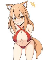 Rule 34 | +++, 10s, 1girl, absurdres, animal ear fluff, animal ears, arms behind back, bare shoulders, bikini, blush, breasts, brown eyes, cleavage, commentary request, criss-cross halter, fate/extra, fate/extra ccc, fate/extra ccc fox tail, fate (series), fox ears, fox girl, fox tail, gluteal fold, grin, hair between eyes, halterneck, highres, large breasts, leaning forward, light brown hair, long hair, looking at viewer, mitchi, navel, red bikini, simple background, smile, solo, suzuka gozen (fate), swimsuit, tail, white background