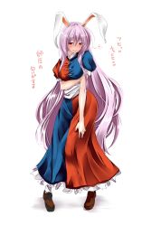 Rule 34 | 1girl, animal ears, blue dress, blush, breast lift, breasts, cosplay, dress, drunk, female focus, female pervert, highres, k2isu, large breasts, long hair, multicolored clothes, multicolored dress, pervert, pink hair, rabbit ears, red dress, red eyes, reisen udongein inaba, solo, squeans, standing, touhou, translated, very long hair, yagokoro eirin, yagokoro eirin (cosplay)