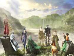 Rule 34 | 1990s (style), 3d, 3girls, 6+boys, brother and sister, cain highwind, cecil harvey, cloud, day, everyone, final fantasy, final fantasy iv, edward chris von muir, green hair, mountain, multiple boys, multiple girls, nature, official art, aged up, outdoors, palom, porom, rainbow, rosa farrell, rydia (ff4), siblings, sky, water, waterfall, yang fang leiden