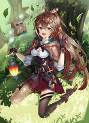 Rule 34 | 1girl, absurdres, ahoge, asymmetrical legwear, bag, belt, black hair, boots, bow, bowtie, breasts, brown eyes, brown hair, cleavage, cloak, corset, crossed bangs, dagger, day, feather hair ornament, feathers, friend (nanashi mumei), frilled skirt, frills, full body, gears, gloves, grass, hair between eyes, hair ornament, hairclip, hand up, highres, holding, holding lantern, hololive, hololive english, kd (kdh45689), knife, lantern, leaf, long hair, looking at viewer, medium breasts, multicolored hair, nanashi mumei, open mouth, outdoors, partially fingerless gloves, pleated skirt, ponytail, red skirt, runes, sheath, sheathed, shirt, shrug (clothing), single thighhigh, sitting, skirt, smile, streaked hair, thighhighs, tree, underbust, virtual youtuber, wariza, weapon, white hair, white shirt
