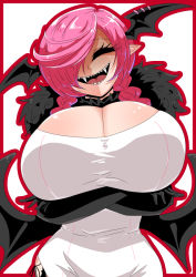 Rule 34 | 1girl, = =, arms under breasts, bat wings, black fur, black gloves, black neckwear, black wings, braid, braided ponytail, breasts, cleavage, curvy, dahila (heal &amp; squeeze), dress, elbow gloves, closed eyes, fangs, fur trim, gloves, hair over one eye, head wings, heal &amp; squeeze, houshi, huge breasts, long hair, looking at viewer, neckwear request, open mouth, pink hair, pointy ears, shaded face, shading, sharp teeth, smile, teeth, vampire, vietnamese clothes, vietnamese dress, white background, wings, zyugoya