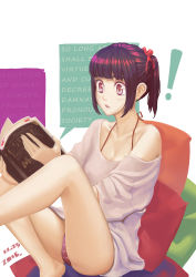 Rule 34 | !, 1girl, 2016, bare legs, bare shoulders, barefoot, blunt bangs, book, breasts, cleavage, collarbone, commentary request, dated, english text, hair ribbon, halterneck, hands up, highres, holding, holding book, make days, medium breasts, off-shoulder shirt, off shoulder, open book, original, panties, pantyshot, parted lips, purple eyes, purple panties, reading, red hair, red ribbon, ribbon, shirt, short hair, sidelocks, sitting, solo, striped clothes, striped panties, twintails, underwear, white shirt