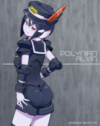 Rule 34 | 1boy, alvin (polynian), ass, ass grab, black hair, closed mouth, colored skin, copyright name, cowboy shot, dated, doll joints, from behind, grabbing own ass, hat, highres, joints, looking at viewer, looking back, male focus, maruto!, multicolored hair, red eyes, robot, robot neoanthropinae polynian, shiny skin, short hair, smile, solo, standing, streaked hair, trap, twitter username, white hair, white skin