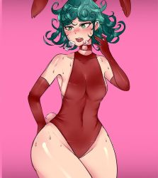 Rule 34 | 1girl, animal ears, blush, bob (bobtheneet), choker, collarbone, curly hair, elbow gloves, fake animal ears, gloves, green eyes, green hair, highres, leotard, one-punch man, pink background, playboy bunny, rabbit ears, rabbit tail, red gloves, short hair, solo, sweat, tail, tatsumaki, thick thighs, thighs, wide hips
