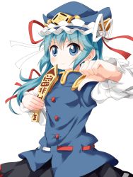 Rule 34 | 1girl, blue eyes, blue hair, hat, holding, long hair, looking at viewer, matching hair/eyes, rod of remorse, ruu (tksymkw), shiki eiki, simple background, smile, solo, thumbs down, touhou, white background