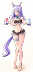 Rule 34 | 1girl, animal ears, arms at sides, barefoot, breasts, cleavage, commentary request, desert, food, full body, highres, horse ears, horse girl, horse tail, kyabetsuman, looking at viewer, mejiro mcqueen (umamusume), navel, purple eyes, purple hair, shaved ice, small breasts, solo, swimsuit, tail, umamusume, white background