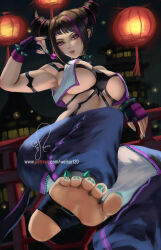 Rule 34 | 1girl, baggy pants, black hair, breasts, candy, cropped jacket, fingerless gloves, food, gloves, han juri, holding, holding candy, holding food, holding lollipop, jacket, lollipop, looking at viewer, medium breasts, multicolored hair, nail polish, open clothes, open jacket, pants, perky breasts, pink eyes, pink hair, soles, solo, stirrup legwear, street fighter, street fighter 6, toeless legwear, toenail polish, toenails, toes, tongue, tongue out, wei (promise 0820)