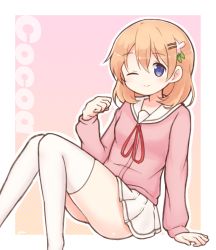 Rule 34 | 1girl, ;), bad id, bad pixiv id, blouse, blush, border, breasts, character name, closed mouth, commentary request, gochuumon wa usagi desu ka?, hair between eyes, hair ornament, hairclip, hoto cocoa, long sleeves, looking at viewer, neck ribbon, one eye closed, orange hair, outline, pink background, pink shirt, pleated skirt, polka dot, polka dot background, purple eyes, red ribbon, ribbon, sailor collar, school uniform, serafuku, shirt, short hair, sitting, skirt, small breasts, smile, solo, thighhighs, thighs, white border, white outline, white sailor collar, white skirt, white thighhighs, yaplus