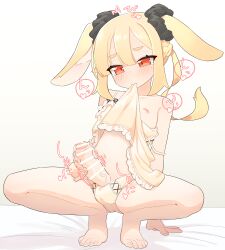 Rule 34 | 1boy, animal ears, babydoll, bar censor, barefoot, bed sheet, blonde hair, blush, censored, clothes in mouth, commentary request, commission, erection, floppy ears, full body, heart, highres, male focus, male masturbation, masturbation, moaning, motion lines, nipples, original, owasaki, panties, penis, penis out, precum, rabbit boy, rabbit ears, red eyes, simple background, skeb commission, solo, sound effects, spoken heart, spread legs, squatting, tears, thick eyebrows, tiptoes, trap, underwear, variant set, white background, yellow panties