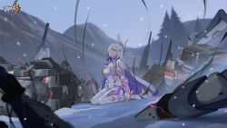 Rule 34 | 1girl, breasts, day, formal, gloves, hare (honkai impact), high heels, highres, honkai (series), honkai impact 3rd, kneeling, large breasts, logo, looking up, mountain, official art, official wallpaper, robot, snow, snowing, solo, suit, white gloves, white hair, white headwear, white suit