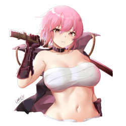 Rule 34 | 1girl, absurdres, alchemy stars, bandages, bandeau, bare shoulders, breasts, chest sarashi, cleavage, collarbone, commentary, cropped torso, hair between eyes, hand up, highres, hiiro (alchemy stars), holding, holding sword, holding weapon, katana, large breasts, looking at viewer, midriff, navel, over shoulder, parted lips, pink eyes, pink hair, sarashi, short hair, simple background, solo, stomach, strapless, sword, tube top, upper body, van.elv, weapon, weapon over shoulder, white background