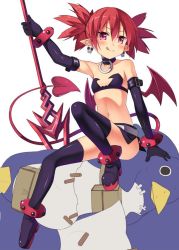 Rule 34 | 1girl, :q, bad id, bad twitter id, bare shoulders, blush, bracelet, choker, closed mouth, demon girl, demon tail, demon wings, disgaea, elbow gloves, elder spear, etna (disgaea), flat chest, gloves, hair between eyes, holding, holding weapon, jewelry, kinta (distortion), looking at viewer, midriff, navel, pink eyes, pointy ears, polearm, prinny, purple eyes, purple gloves, red hair, revealing clothes, simple background, smile, solo, spear, spiked hair, tail, thighhighs, tongue, tongue out, twintails, weapon, white background, wings