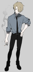 1boy black_pants blonde_hair chibisuke cigarette facial_hair full_body hair_over_one_eye highres holding holding_cigarette male_focus muted_color necktie one_piece pants sanji_(one_piece) simple_background sleeves_rolled_up smile solo