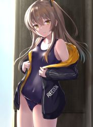 Rule 34 | 1girl, akabane hibame, bare shoulders, black jacket, blue one-piece swimsuit, blush, breasts, brown hair, clothes writing, collarbone, commentary request, competition school swimsuit, covered navel, cowboy shot, door, girls&#039; frontline, hair between eyes, head tilt, highres, jacket, long hair, long sleeves, looking at viewer, off shoulder, one-piece swimsuit, one side up, open clothes, open jacket, parted lips, scar, scar across eye, scar on face, school swimsuit, sidelocks, small breasts, smile, solo, swimsuit, swimsuit under clothes, thighs, ump45 (girls&#039; frontline), yellow eyes