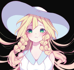 Rule 34 | 1girl, bare shoulders, black background, blonde hair, blush, braid, breasts, collared dress, creatures (company), dress, game freak, green eyes, hat, lillie (pokemon), long hair, looking at viewer, medium breasts, mouth hold, nintendo, parted lips, pippee, pokemon, pokemon sm, portrait, sleeveless, sleeveless dress, solo, sun hat, sundress, teeth, teeth hold, tsurime, twin braids, white dress, white hat