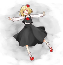 Rule 34 | 1girl, ascot, bad id, bad pixiv id, blonde hair, embodiment of scarlet devil, female focus, hair ribbon, miya (tsumazukanai), open mouth, outstretched arms, red eyes, ribbon, rumia, short hair, solo, spread arms, touhou