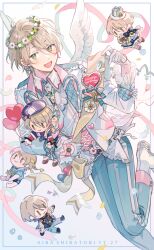 Rule 34 | 1boy, balloon, blonde hair, blush, buttons, character doll, character name, collared shirt, commentary, dated, earrings, english commentary, ensemble stars!, floral print, flower wreath, gloves, green eyes, hat, heart, heart balloon, holding, holding balloon, jewelry, long sleeves, male focus, necktie, open mouth, ribbon, sailor collar, sash, seuga, shiratori aira (ensemble stars!), shirt, short hair, solo, white gloves, wings, yellow ribbon