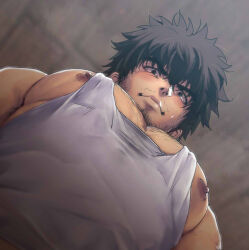 Rule 34 | 1boy, artist request, bara, beard stubble, black hair, blush, character request, dark-skinned male, dark skin, facial hair, foreshortening, from below, grey tank top, indie virtual youtuber, large pectorals, looking at viewer, looking down, male focus, meme, muscular, muscular male, mustache stubble, nipple slip, nipples, pectoral cleavage, pectoral focus, pectorals, photo-referenced, second-party source, short hair, sidepec, solo, sparse chest hair, stubble, sweat, tank top, thick eyebrows, upper body, virtual youtuber, wavy hair, yur oc like this (meme)