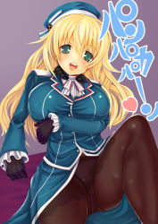 Rule 34 | 10s, 1girl, atago (kancolle), black gloves, blonde hair, blush, breasts, gloves, green eyes, hat, heart, highres, kantai collection, large breasts, long hair, military, military uniform, open mouth, pan-pa-ka-paaan!, panties, panties under pantyhose, pantyhose, personification, smile, solo, teruru, text focus, translated, underwear, uniform