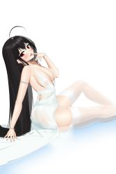 Rule 34 | 1girl, absurdres, azur lane, backless dress, backless outfit, black hair, breasts, center opening, cocktail dress, dress, evening gown, feet out of frame, finger to mouth, highres, large breasts, long hair, official alternate costume, plunging neckline, red eyes, satin dress, see-through, see-through dress, see-through legwear, simple background, sitting, sleeveless, sleeveless dress, solo, taihou (azur lane), taihou (temptation on the sea breeze) (azur lane), thighhighs, very long hair, wedding dress, white background, white dress, white thighhighs, zerotwenty (020)