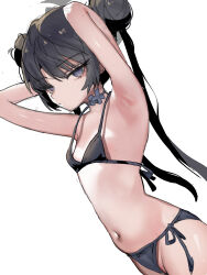 Rule 34 | 1girl, absurdres, armpits, bare arms, bare legs, bare shoulders, bikini, black bikini, black hair, blue archive, closed mouth, cowboy shot, double bun, flat chest, grey eyes, grey halo, groin, hair bun, halo, highres, k8on, kisaki (blue archive), long hair, looking at viewer, navel, simple background, solo, swimsuit, twintails, white background