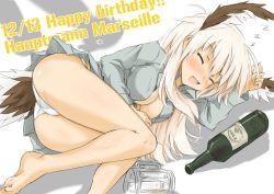 Rule 34 | 1girl, animal ears, bad id, bad pixiv id, bare legs, barefoot, birthday, blonde hair, bottle, breasts, character name, cleavage, closed eyes, cup, dakku (ogitsune), drunk, fang, hanna-justina marseille, happy birthday, head wings, lying, medium breasts, on side, open clothes, open mouth, open shirt, shirt, sleeping, solo, strike witches, tail, wings, witches of africa, world witches series, zzz