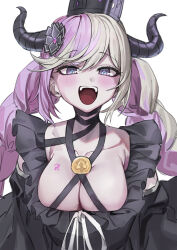 Rule 34 | 1girl, :d, absurdres, black dress, black sleeves, blonde hair, blush, braid, breasts, collarbone, crown, detached sleeves, dress, hair ornament, haruyuki (gffewuoutgblubh), highres, horns, large breasts, long hair, looking at viewer, master detective archives: rain code, open mouth, pink eyes, pink hair, shinigami (rain code), simple background, smile, solo, teeth, twin braids, upper teeth only, white background