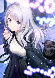 Rule 34 | 1girl, breasts, cleavage, closed mouth, highres, hyuuga azuri, large breasts, long hair, looking at viewer, original, purple eyes, silver hair, skirt, solo, sweater, white sweater