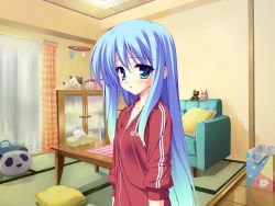 Rule 34 | 1girl, blue eyes, blue hair, blush, couch, curtains, game cg, gradient hair, indoors, jacket, katsuragi kotori, living room, long hair, looking at viewer, matching hair/eyes, multicolored hair, munyuu, non-web source, pillow, purely (game), room, sleeves pushed up, solo, standing, stuffed animal, stuffed toy, table, tachi-e, tatami, track jacket, track suit, very long hair