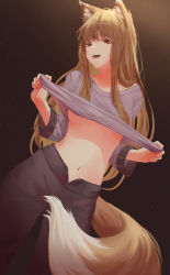 Rule 34 | 1girl, animal ears, black bow, bow, breasts, brown hair, clothes lift, commentary, commission, cowboy shot, dutch angle, grey shirt, highres, holo, lifted by self, long hair, long sleeves, looking at viewer, navel, nev (nevblindarts), open mouth, pixiv commission, red eyes, revision, shirt, shirt lift, simple background, small breasts, solo, spice and wolf, tail, teeth, underboob, upper teeth only, wolf ears, wolf girl, wolf tail