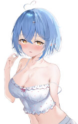 Rule 34 | 1girl, absurdres, ahoge, bare shoulders, blue hair, breasts, camisole, cilu shinomori, cleavage, collarbone, colored tips, crossed bangs, elf, frilled camisole, frills, hair between eyes, hair ornament, heart, heart ahoge, highres, hololive, large breasts, looking at viewer, multicolored hair, navel, open mouth, pointy ears, polka dot camisole, short hair, sleepwear, streaked hair, virtual youtuber, white background, white camisole, yellow eyes, yukihana lamy