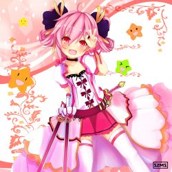 Rule 34 | 1girl, daisy (flower knight girl), fang, female focus, flower knight girl, looking at viewer, open mouth, pink hair, red eyes, solo, spread legs, standing, suzume (simple0091), sword, thighhighs, v, weapon
