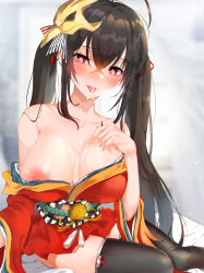 Rule 34 | 1girl, absurdres, azur lane, bare shoulders, black hair, black thighhighs, blush, breasts, china dress, chinese clothes, cleavage, collarbone, cosplay, cum, cum in mouth, cum on body, cum on breasts, cum on tongue, cum on upper body, dress, facial, futon fly away, hair between eyes, hair ribbon, heart, heart-shaped pupils, highres, kigurumi, large breasts, long hair, looking at viewer, lying, nipples, on side, red dress, red eyes, ribbon, saliva, saliva trail, simple background, solo, sweatdrop, symbol-shaped pupils, taihou (azur lane), thighhighs, tongue, tongue out, twintails