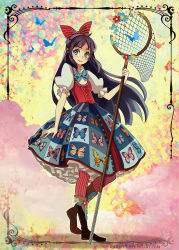 Rule 34 | 1girl, animal print, artist name, black hair, blue bow, blue bowtie, blue skirt, blush, bow, bowtie, butterfly net, butterfly print, checkered clothes, checkered skirt, closed mouth, commentary, flower, frilled sleeves, frills, hand net, highres, holding, long hair, looking away, monarch butterfly, original, pantyhose, puffy short sleeves, puffy sleeves, radittz, red legwear, shirt, short sleeves, skirt, smile, solo, striped bow, striped bowtie, striped clothes, striped legwear, striped neckwear, striped pantyhose, vertical-striped clothes, vertical-striped legwear, vertical-striped pantyhose, very long hair, watermark, white shirt