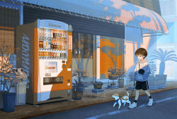 Rule 34 | 1boy, animal, brown hair, building, can, child, day, dog, drink can, grey sweater, holding, holding leash, leash, male focus, original, outdoors, plant, potted plant, road, sasakure (mogunonbi), scenery, shoes, short hair, shorts, sneakers, soda bottle, soda can, sweater, town, trash can, vending machine, white shorts
