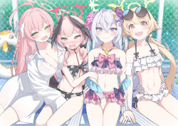 Rule 34 | 4girls, absurdres, ahoge, arm grab, azusa (blue archive), azusa (swimsuit) (blue archive), bead necklace, beads, bikini, bikini under clothes, black bikini, black bow, black wings, blonde hair, blue archive, blush, bow, braid, breasts, cleavage, closed mouth, collarbone, crossed bangs, detached sleeves, double-parted bangs, feathered wings, female focus, floral print, flower, food-themed hair ornament, frilled bikini, frills, front-tie bikini top, front-tie top, green eyes, hair between eyes, hair bow, hair flower, hair ornament, hair over shoulder, half-closed eyes, halo, halterneck, hanako (blue archive), hanako (swimsuit) (blue archive), head wings, hifumi (blue archive), hifumi (swimsuit) (blue archive), highres, innertube, jewelry, koharu (blue archive), koharu (swimsuit) (blue archive), large breasts, lemon hair ornament, long hair, long shirt, low twintails, low wings, make-up work club (blue archive), multi-strapped bikini, multicolored bikini, multicolored clothes, multiple girls, navel, necklace, nose blush, official alternate costume, open clothes, open mouth, open shirt, outdoors, peroro (blue archive), pink bow, pink eyes, pink hair, pink halo, polka dot, polka dot bow, print bikini, shirt, short sleeves, side-tie bikini bottom, side braid, single braid, sitting, sleeves past fingers, sleeves past wrists, small breasts, smile, strapless, strapless bikini, striped bikini, striped clothes, swim ring, swimsuit, teeth, twintails, tyobis., upper teeth only, watermelon hair ornament, wavy mouth, white bikini, white bow, white hair, white shirt, wing hair ornament, wings, yellow eyes, yellow halo