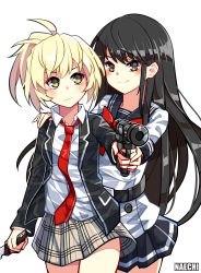 Rule 34 | 2girls, absurdres, black hair, blonde hair, blush, bow, bowtie, gun, hand on another&#039;s shoulder, highres, holding, holding gun, holding knife, holding weapon, honjo yuri, knife, looking at another, looking at viewer, multiple girls, naechi (rayichan), necktie, nise mayuko, plaid, plaid skirt, red bow, red bowtie, school uniform, skirt, smile, tenkuu shinpan, weapon