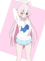 Rule 34 | 1girl, ;), ahoge, animal print, arm behind head, arm up, blue archive, blue eyes, blue skirt, blush, closed mouth, commentary request, drawstring, feet out of frame, fish print, hair between eyes, halo, highres, hood, hood down, hoodie, hoshino (blue archive), kuronagi (mitora uwu), long hair, looking at viewer, one eye closed, pink background, pink hair, pleated skirt, print hoodie, skirt, smile, solo, standing, two-tone background, very long hair, whale print, white background, white hoodie