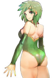 Rule 34 | 1girl, ass, breasts, byte (grunty-hag1), closed mouth, detached sleeves, final fantasy, final fantasy iv, green eyes, green hair, green leotard, hair ornament, jewelry, leotard, looking at viewer, medium hair, aged up, rydia (ff4), simple background, smile, solo, white background