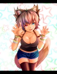 Rule 34 | (s.k), 1girl, :d, ahoge, animal ears, armlet, artist name, bare shoulders, black shirt, blue eyes, breasts, brown thighhighs, claw pose, cleavage, collarbone, denim, denim shorts, fangs, fox ears, fox tail, head tilt, heart, highres, kitsune, looking at viewer, open mouth, original, palms, red eyes, shapen kezuri (s.k), shirt, short hair, short shorts, shorts, sleeveless, sleeveless shirt, smile, solo, standing, star (symbol), starry background, tail, teeth, thigh gap, thighhighs, wrist cuffs, zettai ryouiki
